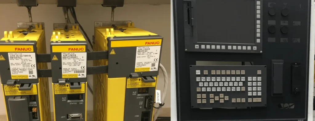 Fanuc servo drive amplifier units and CNC operator control panel with keyboard and display screen