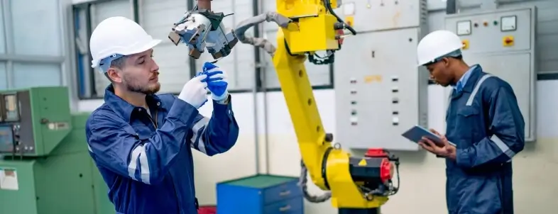 Engineers inspecting robotic arm